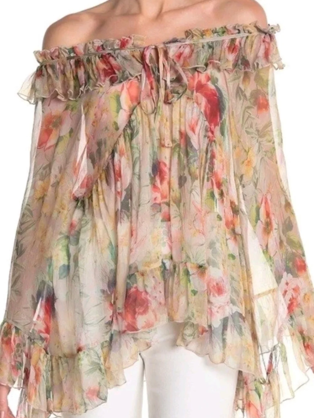 JOHNNY WAS Aria Silk Flowy Whimsigoth Semi-sheer Abstract Pastel Floral Blouse